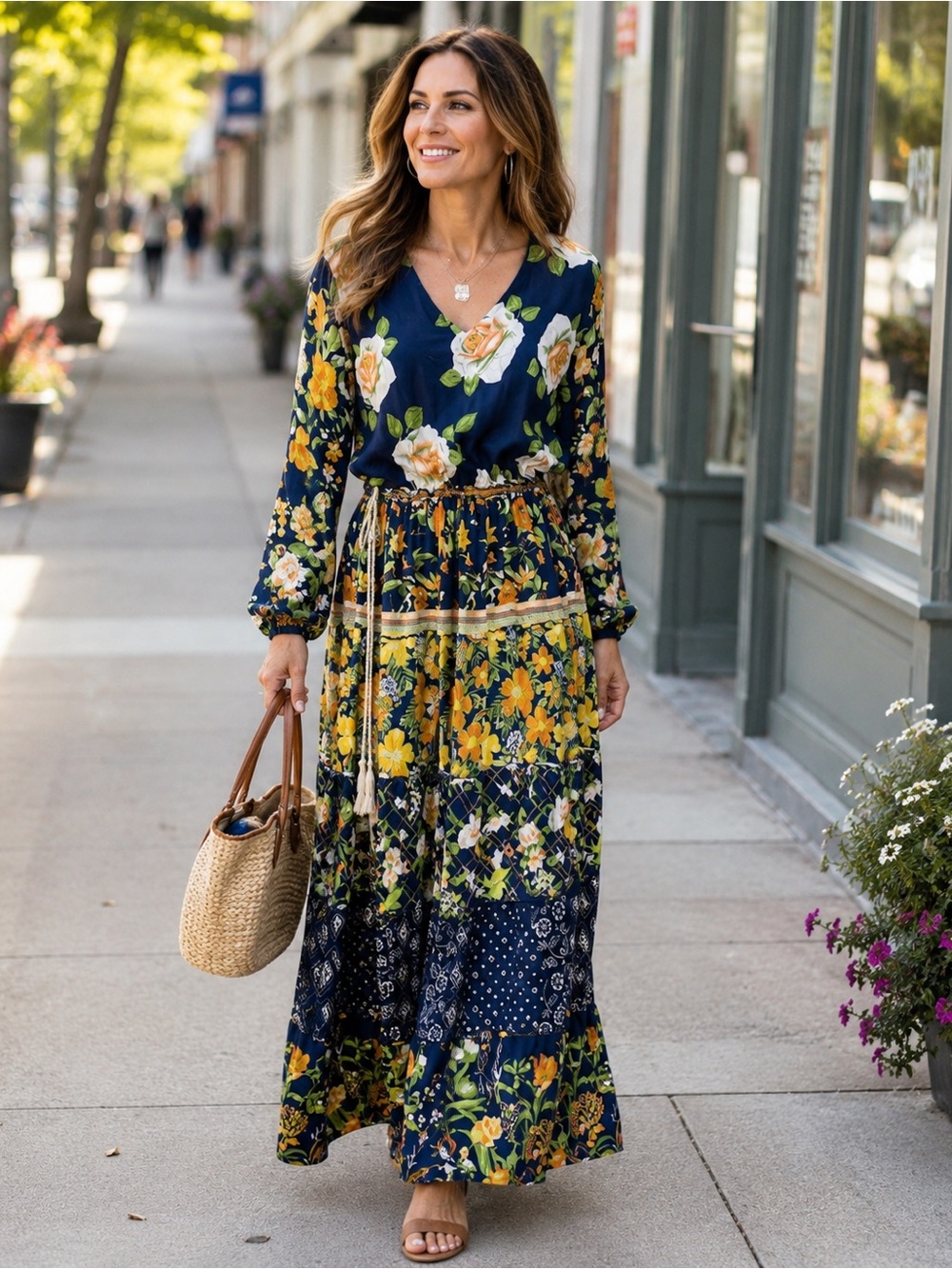Kaktus Multi-Floral Boho Patchwork Maxi Dress large d2